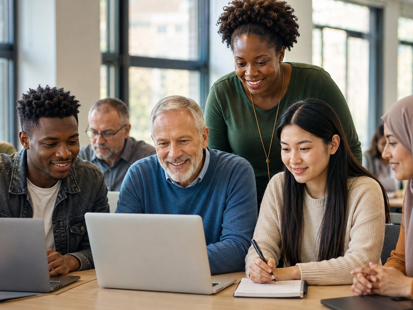 Adult learners working together in a classroom