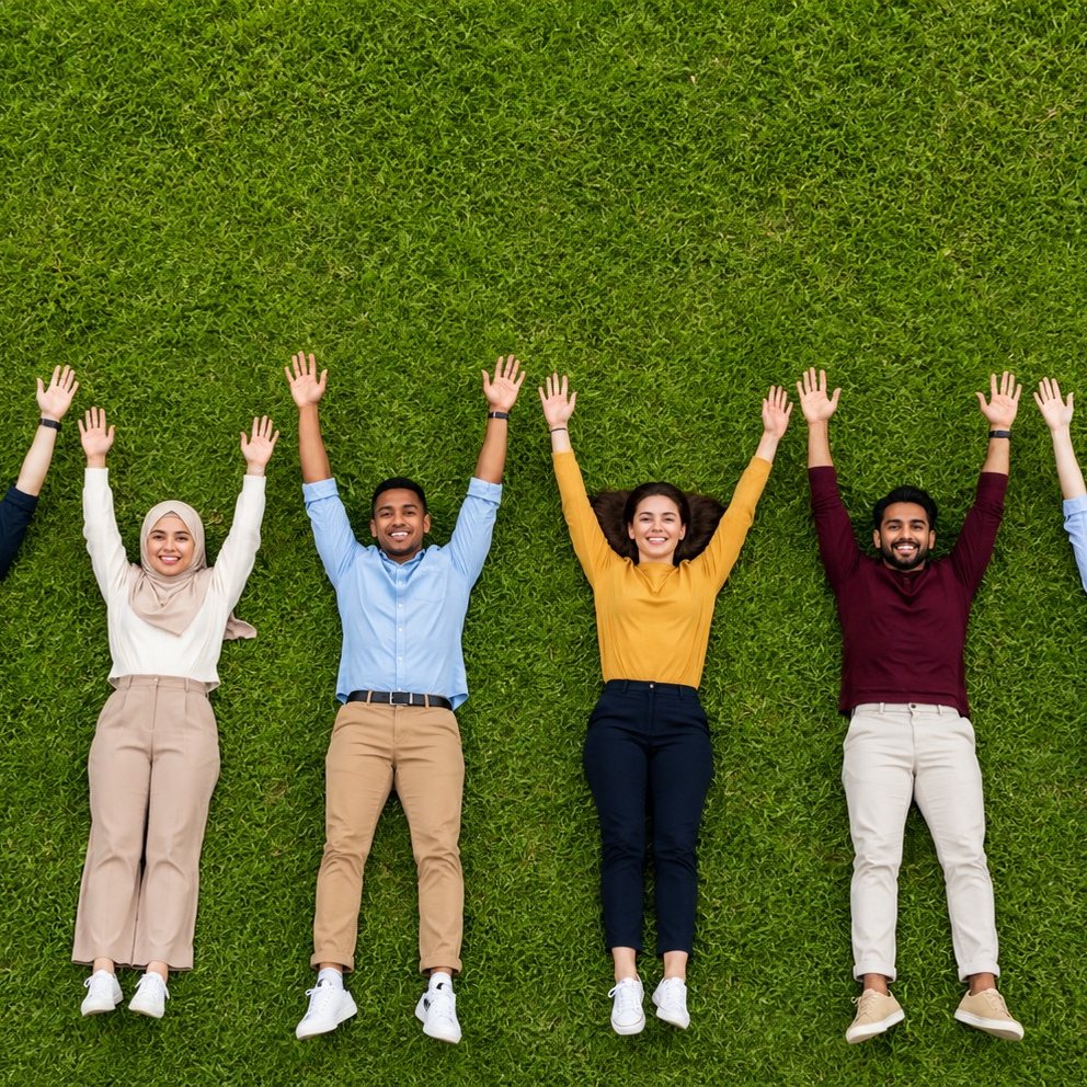 A group of learners lying on the grass